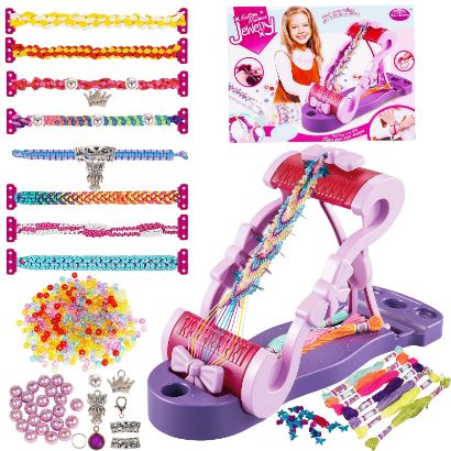 صورة مجموعة صنع الأساور والمجوهرات هذه هي أداة إبداعية مخصصة للأطفال، وتتضمن آلة لنسج الخيوط لصنع الأساور الملونة والفريدة.